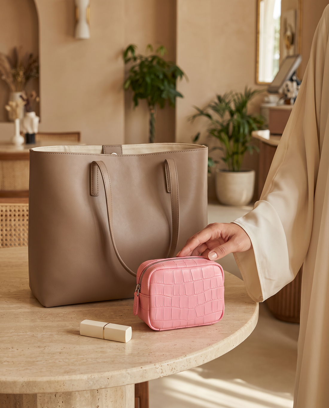 Lip Essential in Pink — beside a handbag