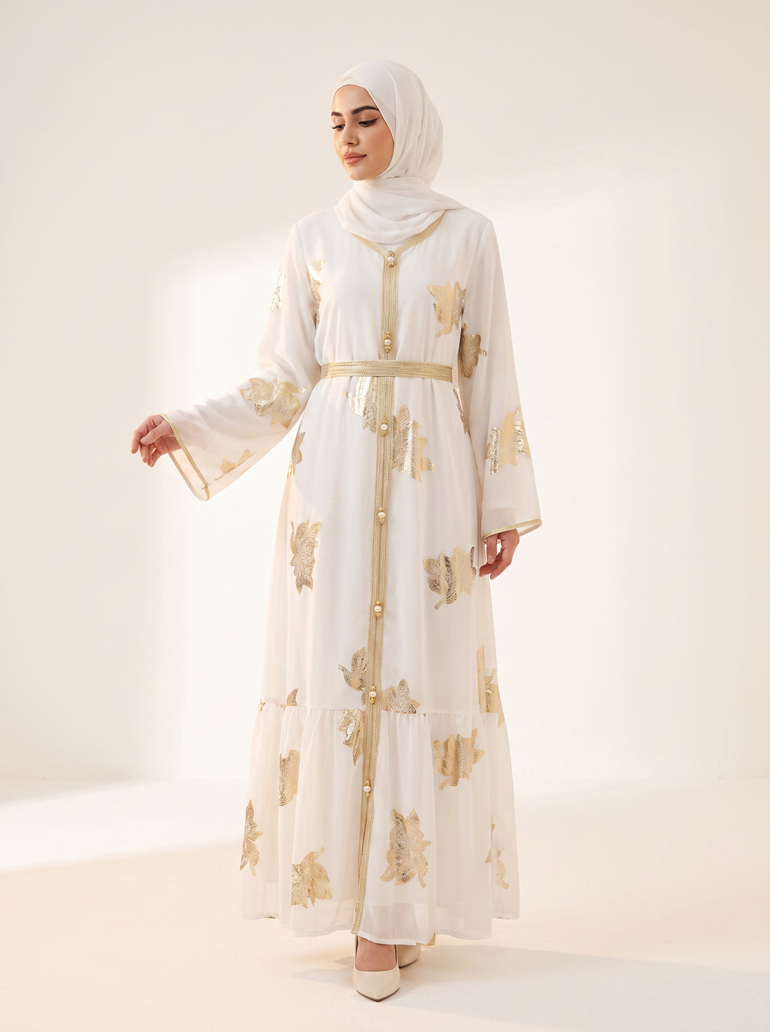 Gilded Chiffon Open Abaya — White — 1