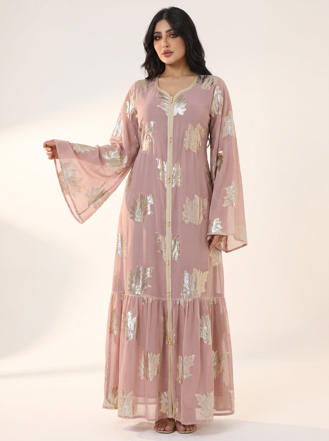 Gilded Chiffon Open Abaya — Pink — 1