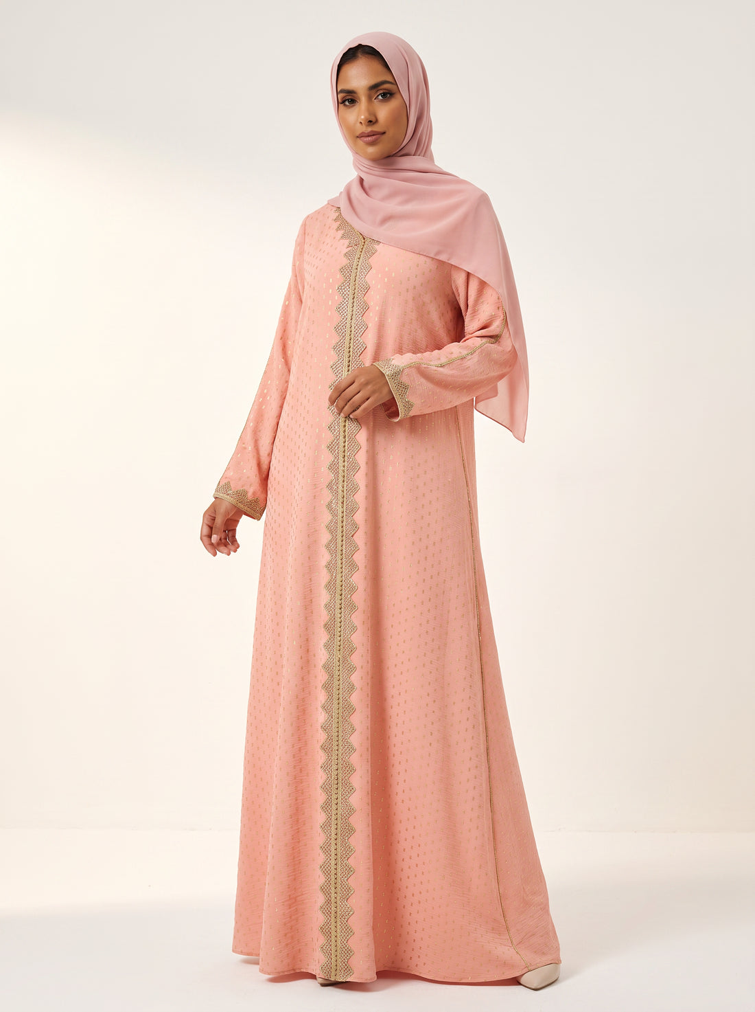 Embroidered Crepe Abaya — Pink — 1