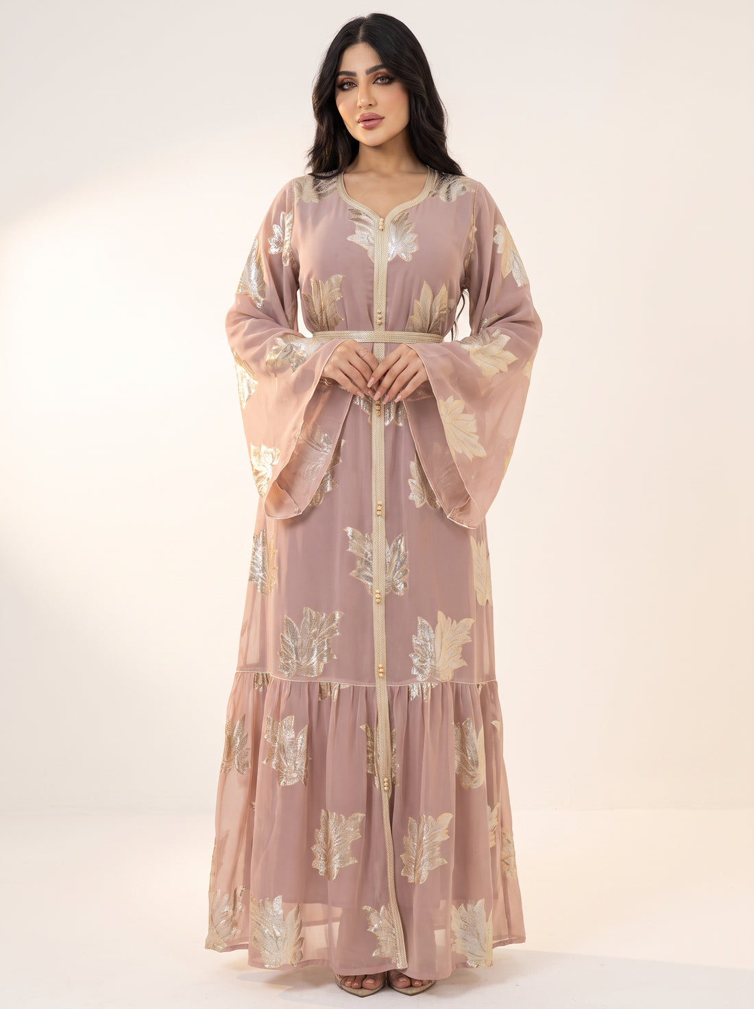 Gilded Chiffon Open Abaya — Sand — 1