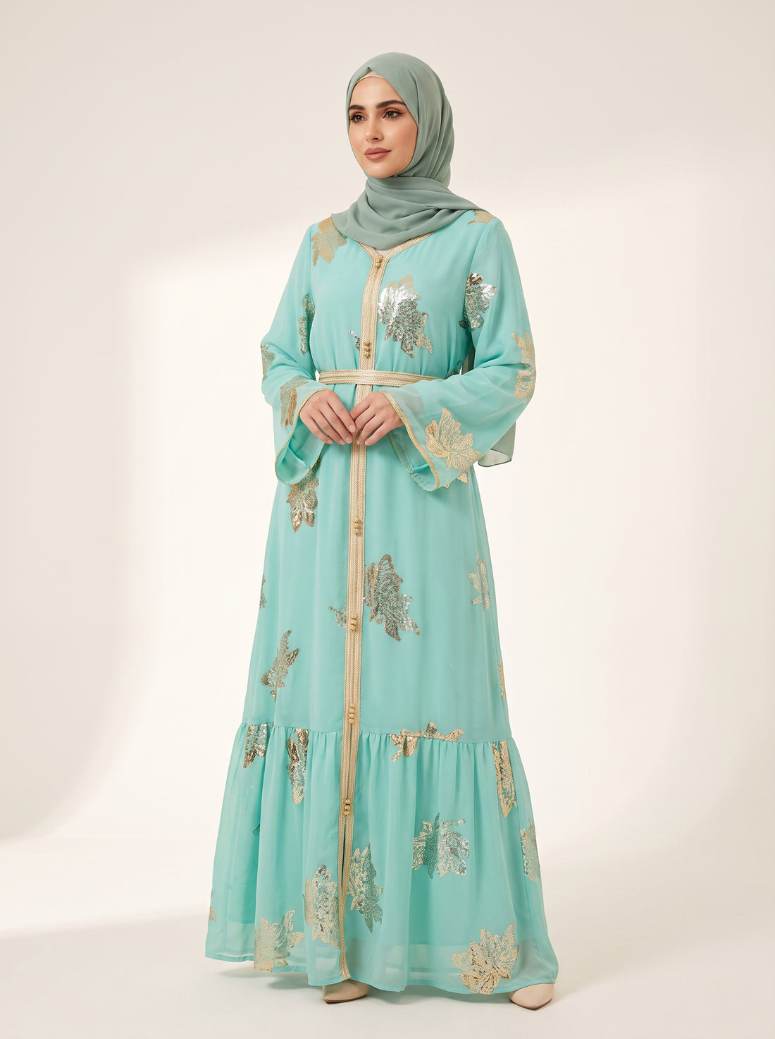 Gilded Chiffon Open Abaya — Green — 1