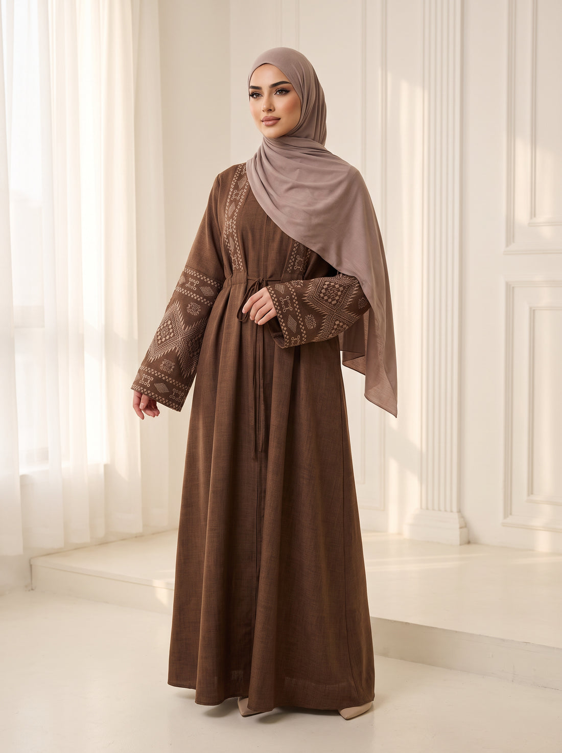 Pleated Drawstring Abaya — Brown — 1