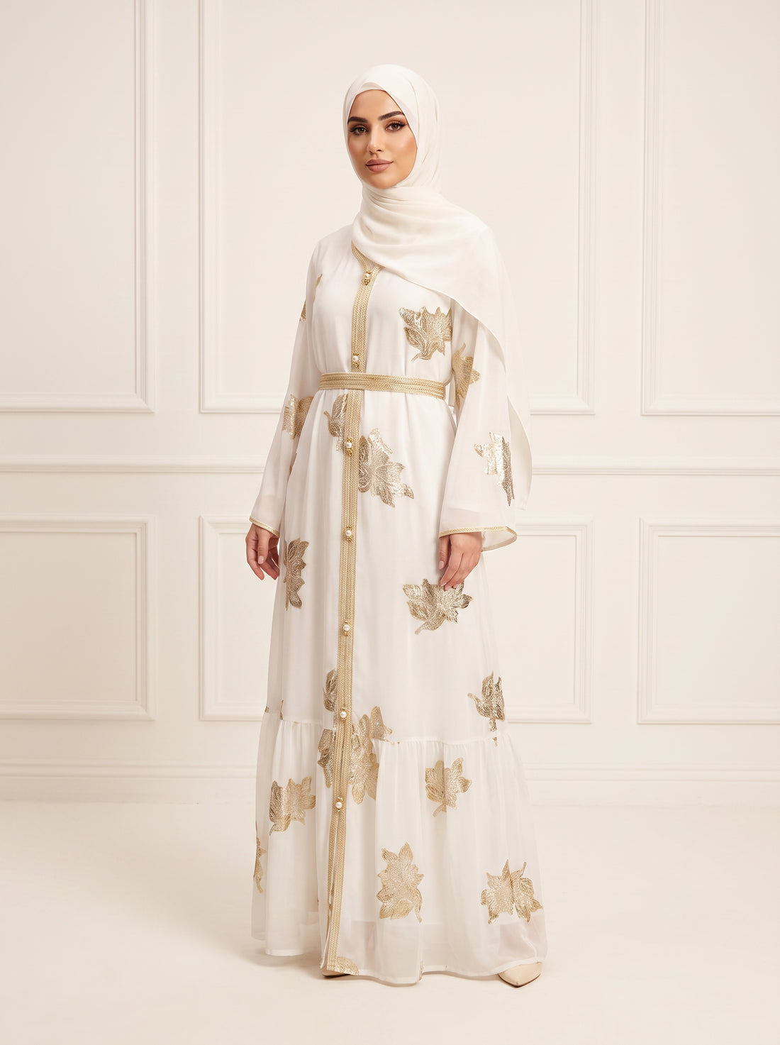 Gilded Chiffon Open Abaya — Taupe — 1