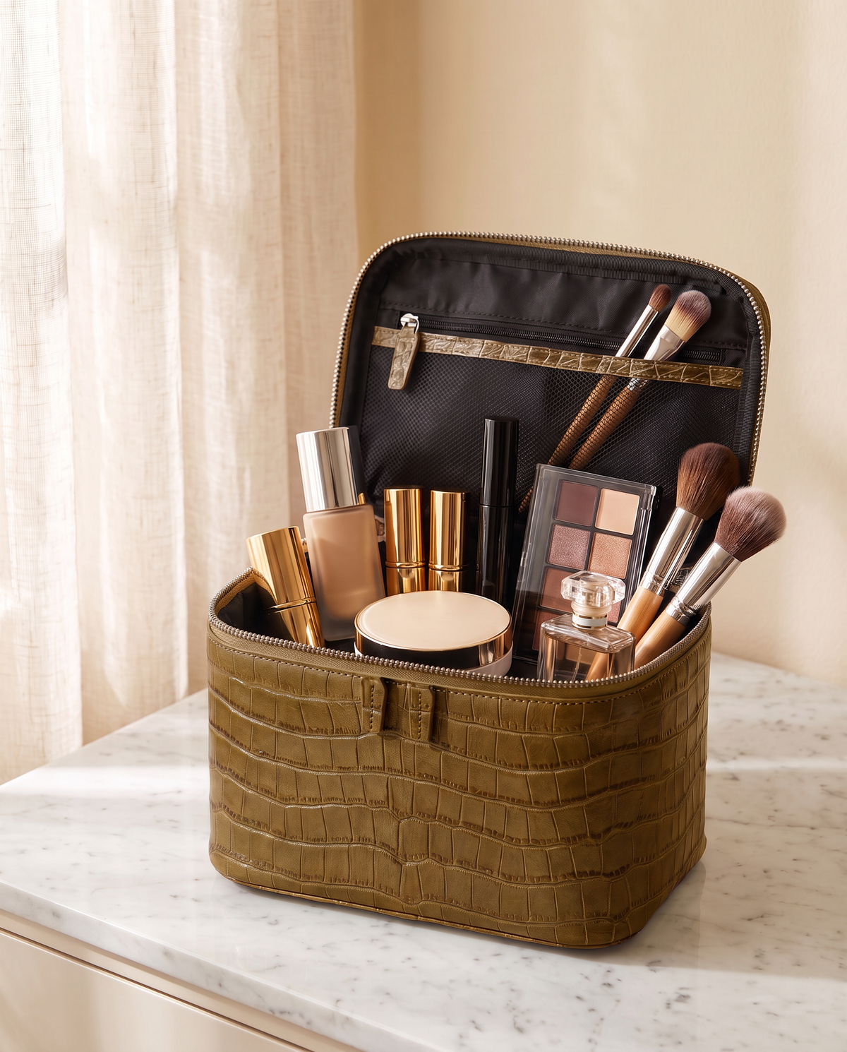 The Amira Vanity — Ochre, open with makeup inside · Elirati