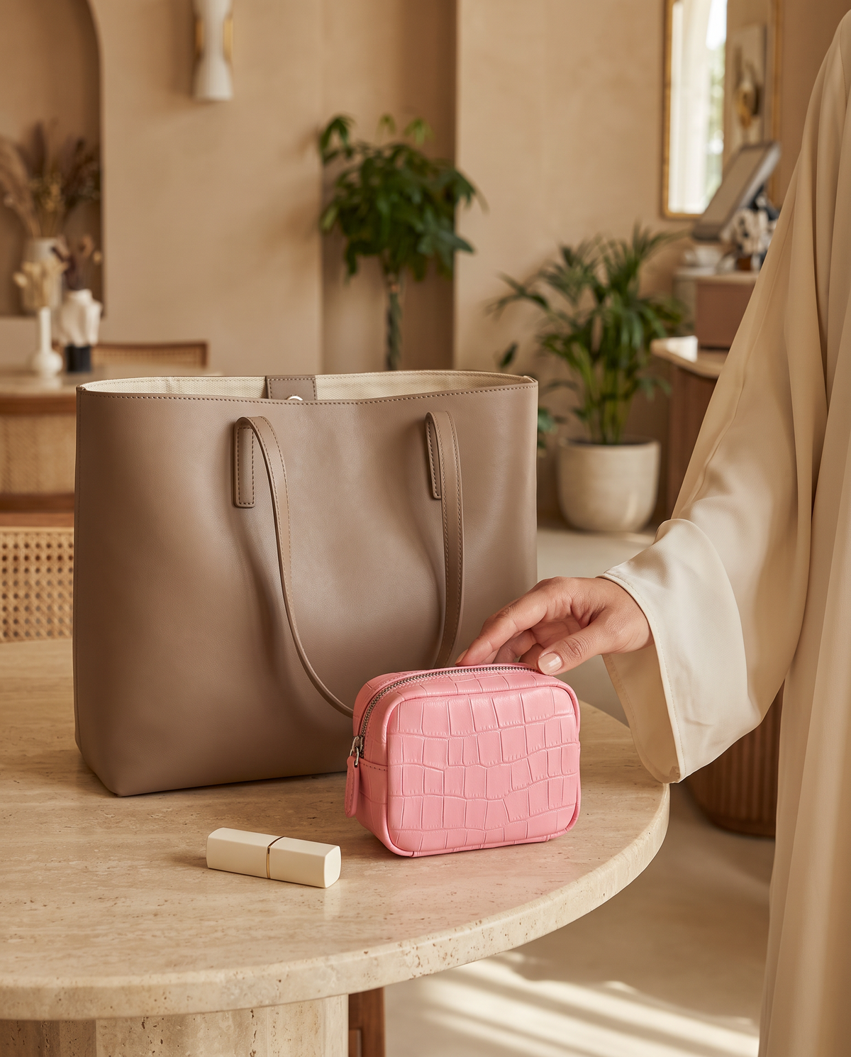 Lip Essential in Pink — beside a handbag