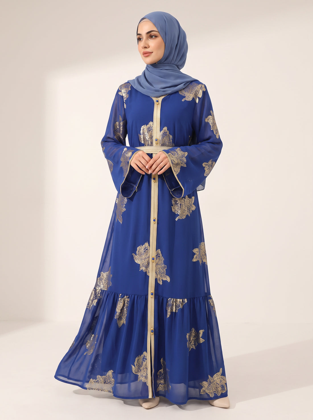 Gilded Chiffon Open Abaya — Blue — 1