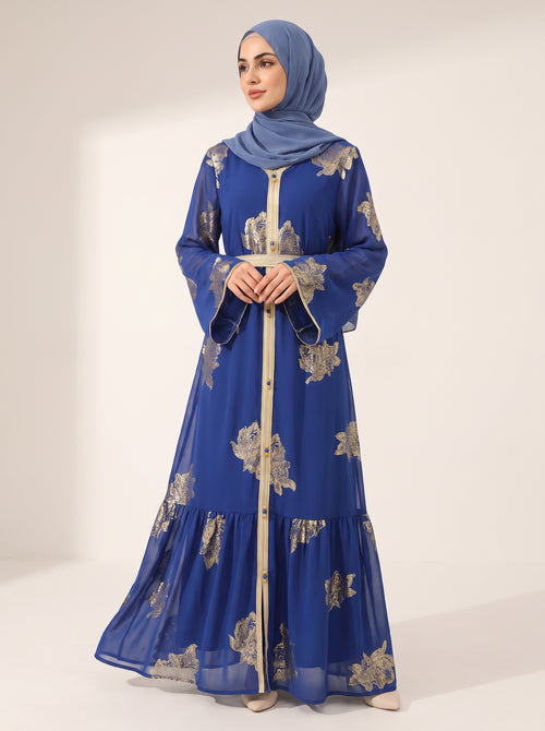 Gilded Chiffon Open Abaya — Blue — 1
