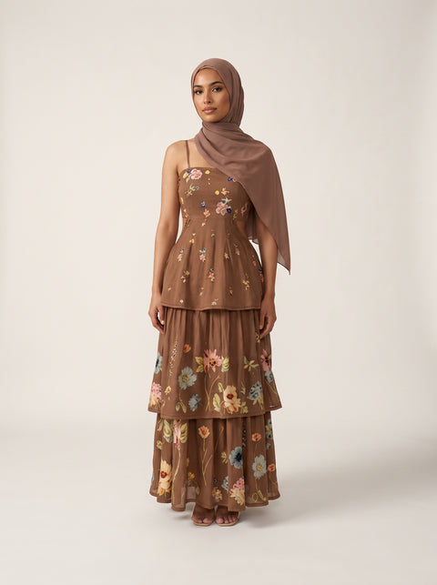 Print Pattern Abaya — Brown