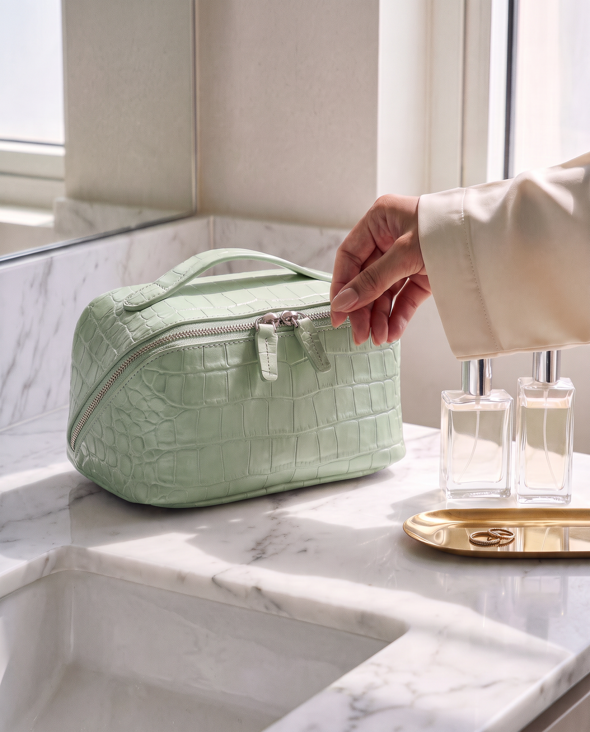 The Amira Covers — Pistachio, on a marble counter · Elirati · 2026-10b