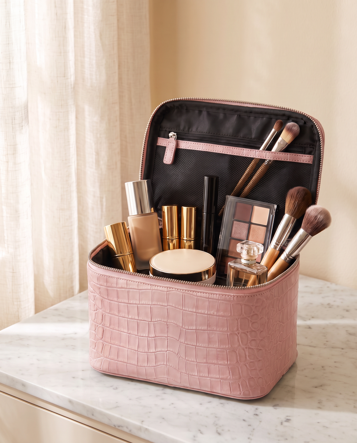 The Amira Vanity — Sakura Pink, open with makeup inside · Elirati