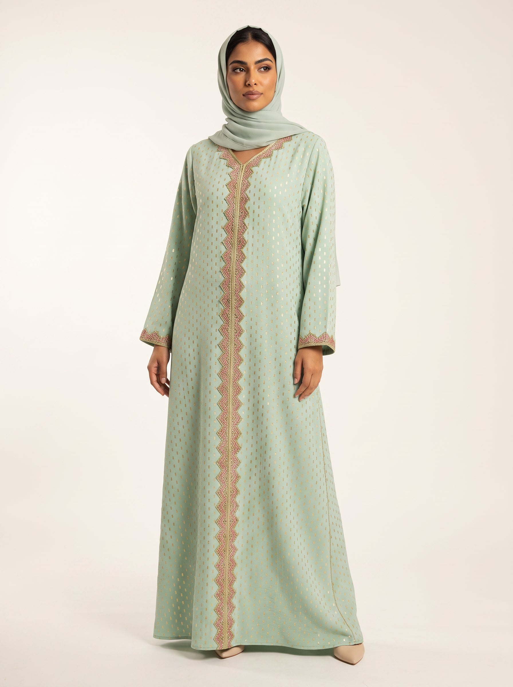 Embroidered Crepe Abaya — Green — 1