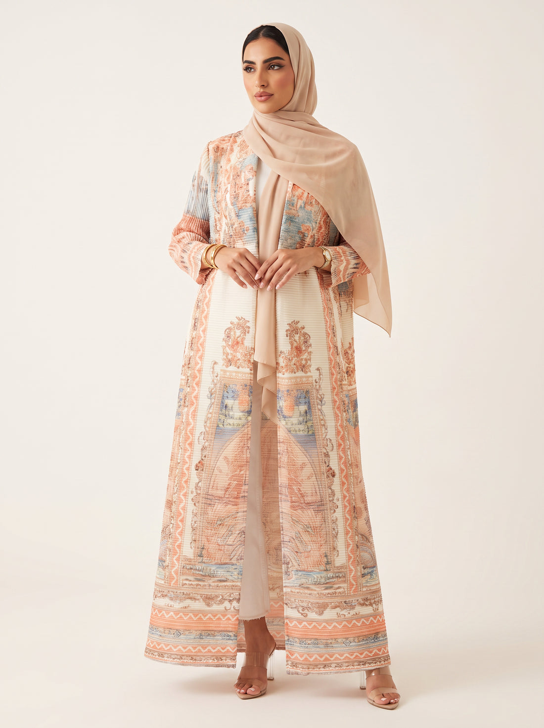 Miyake Open Abaya — Coral Tapestry — 1