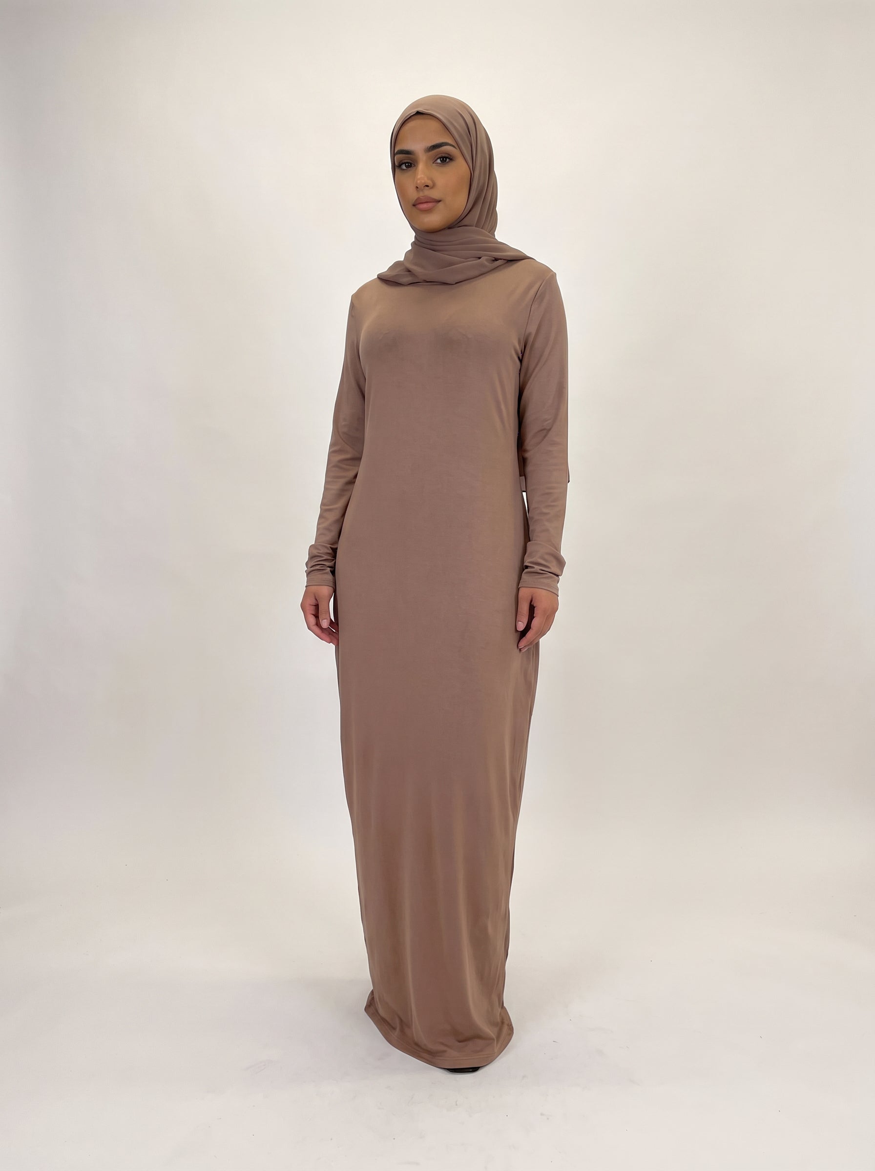 Round Collar Pullover Abaya — Brown — 1