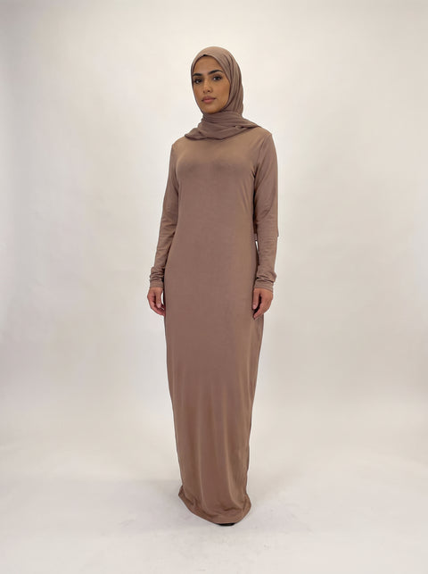 Round Collar Pullover Abaya — Brown