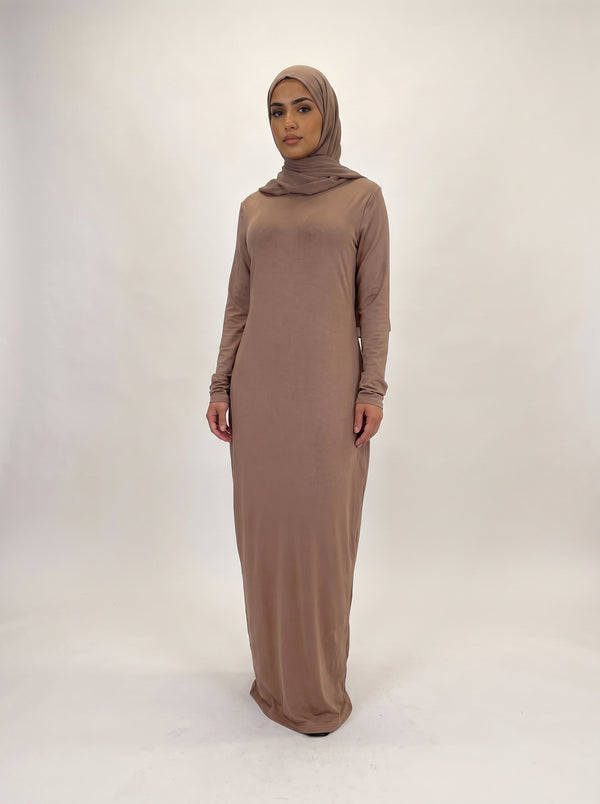 Round Collar Pullover Abaya — Brown