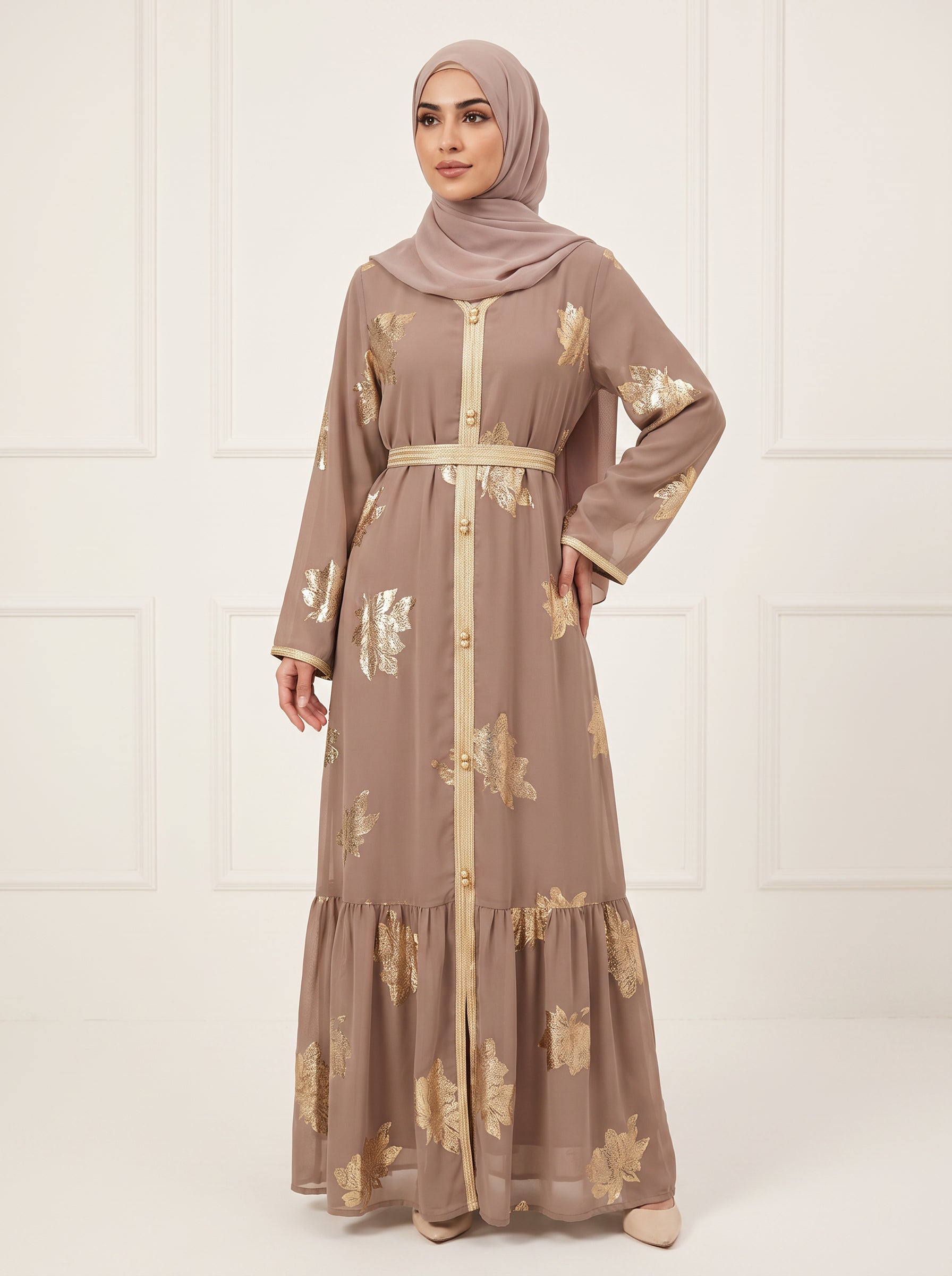 Gilded Chiffon Open Abaya — Taupe 3 — 1
