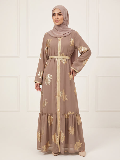 Gilded Chiffon Open Abaya — Taupe 3 — 1