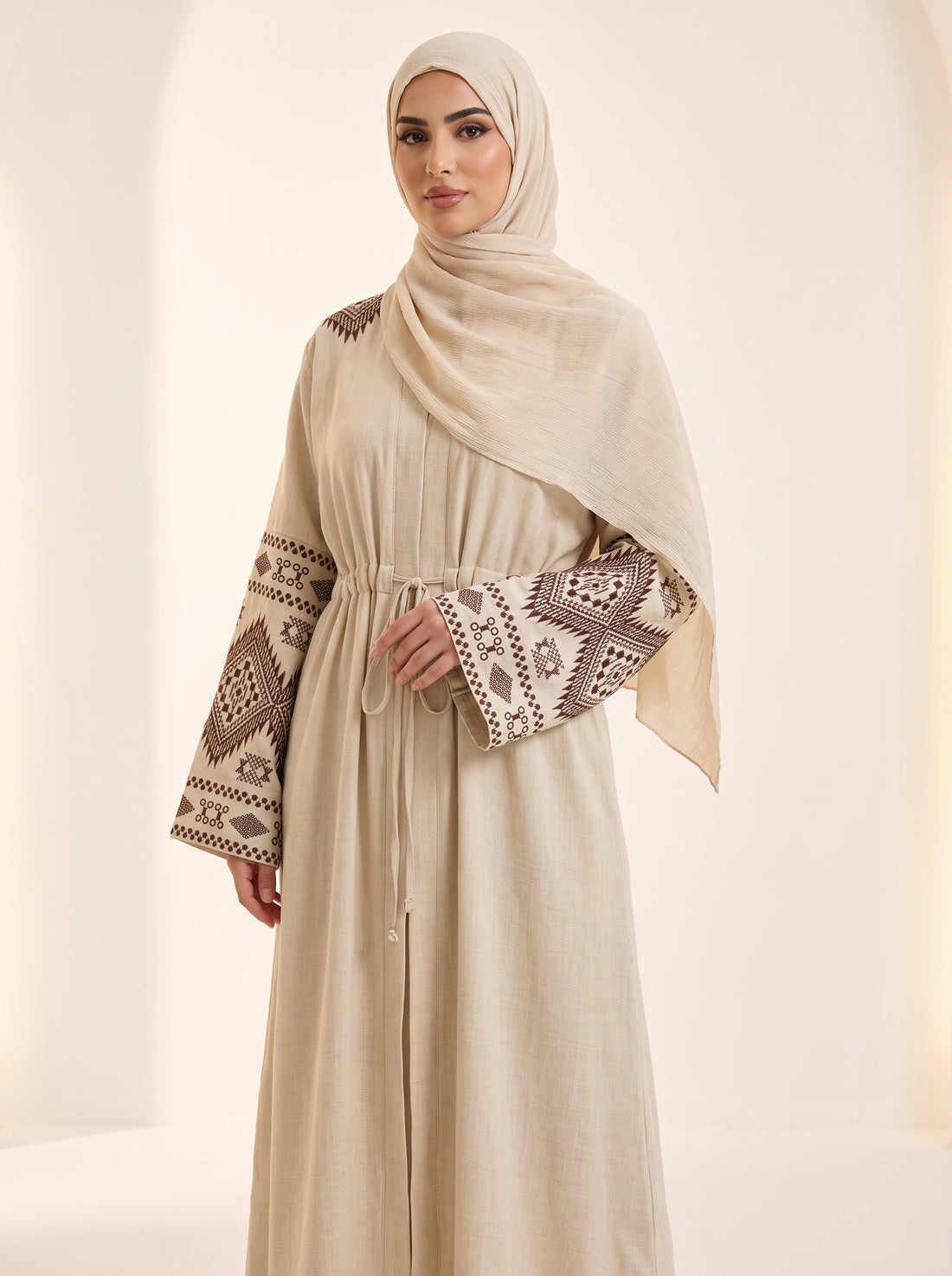 Pleated Drawstring Abaya — Sand 2 — 1