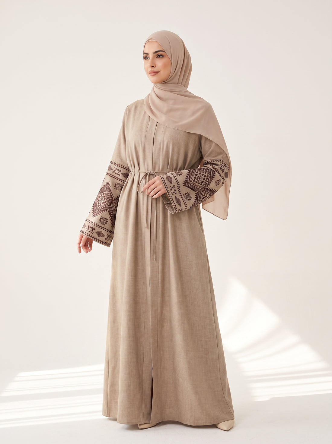 Pleated Drawstring Abaya — Sand — 1