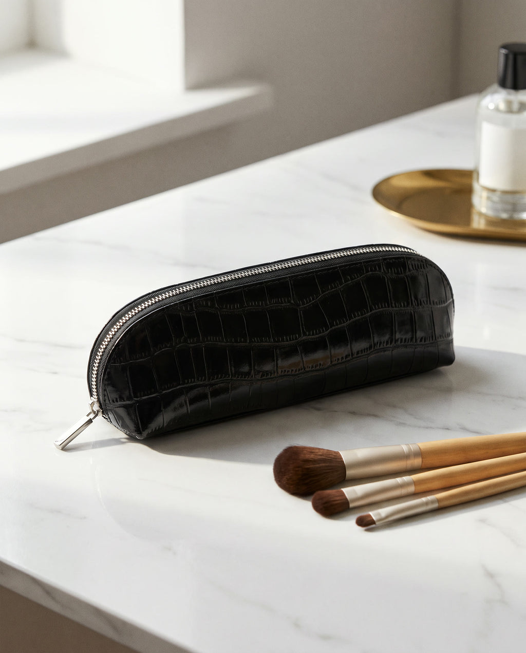 The Amira Brush Case — Black — on the dressing table [v2]