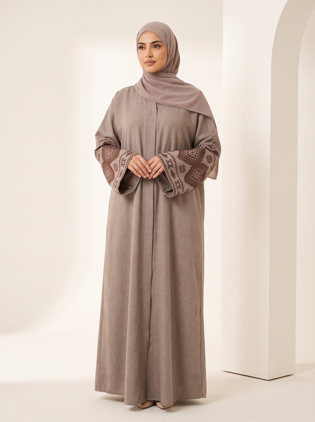 Pleated Drawstring Abaya — Taupe — 1