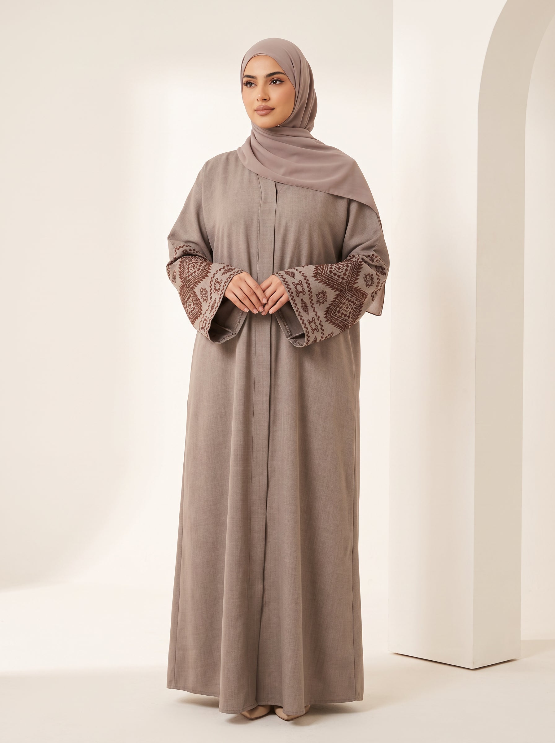 Pleated Drawstring Abaya — Taupe — 1