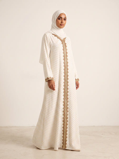 Embroidered Crepe Abaya — White — 1