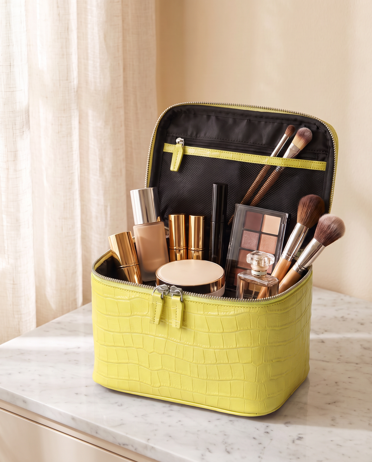 The Amira Vanity — Butter, open with makeup inside · Elirati