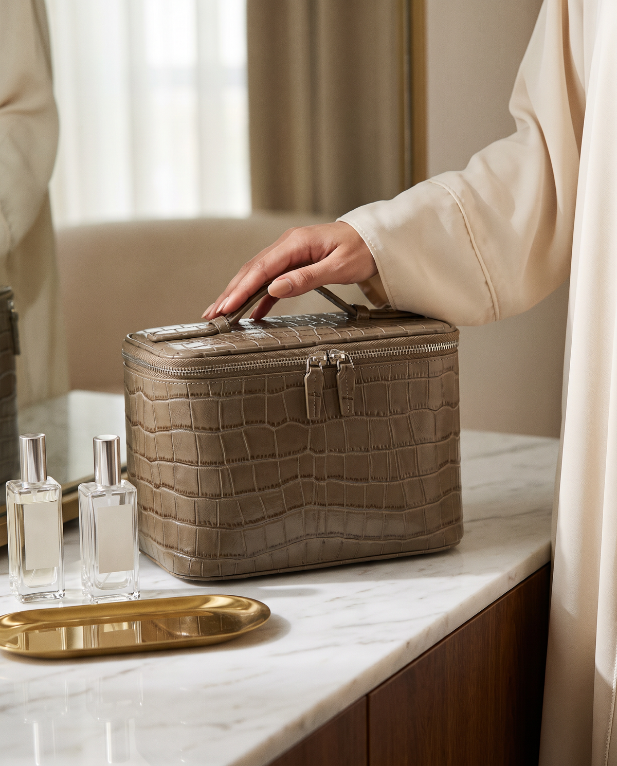 The Amira Vanity — Elephant Grey, on a dressing table · Elirati