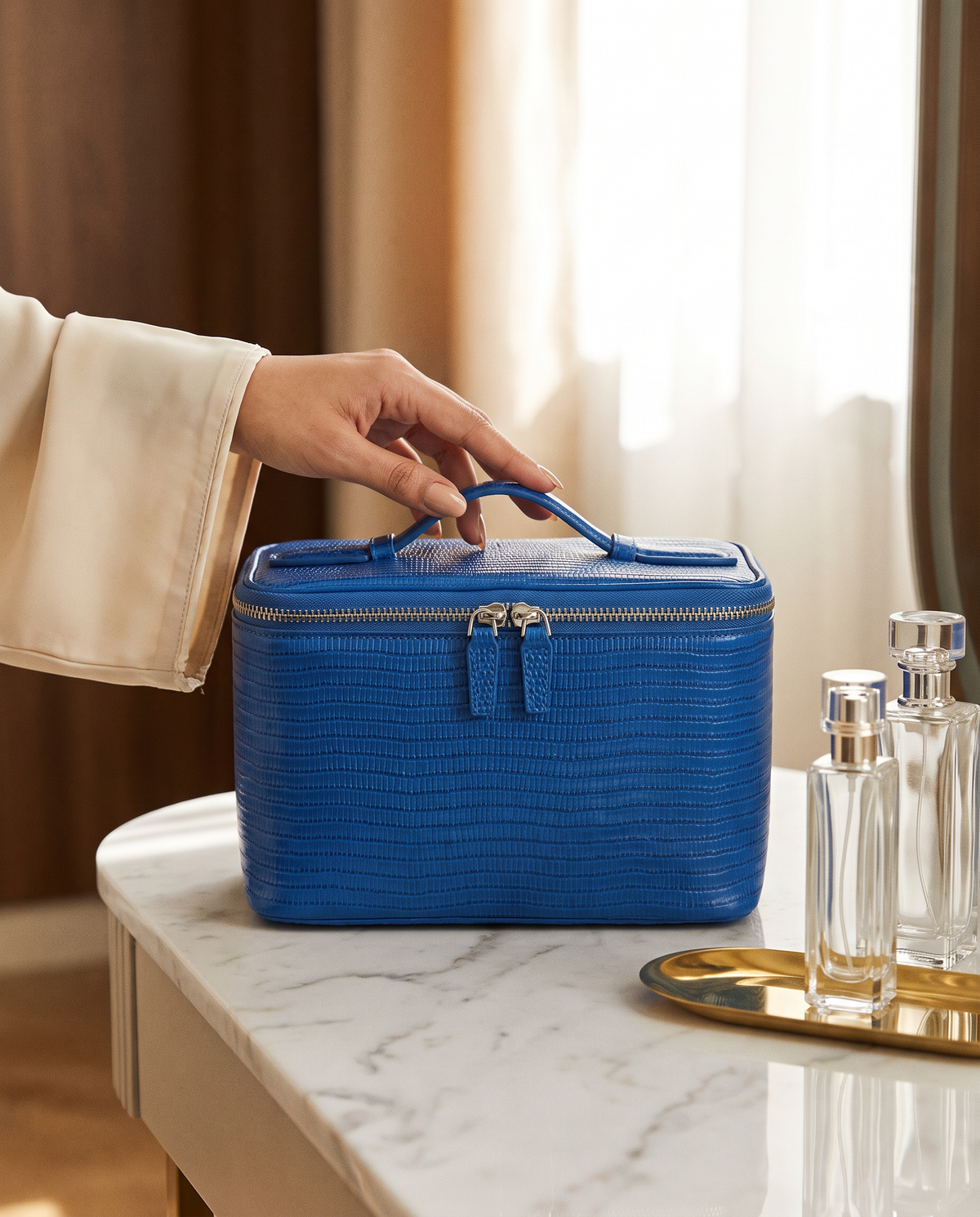 The Amira Vanity — Klein Blue, on a dressing table · Elirati