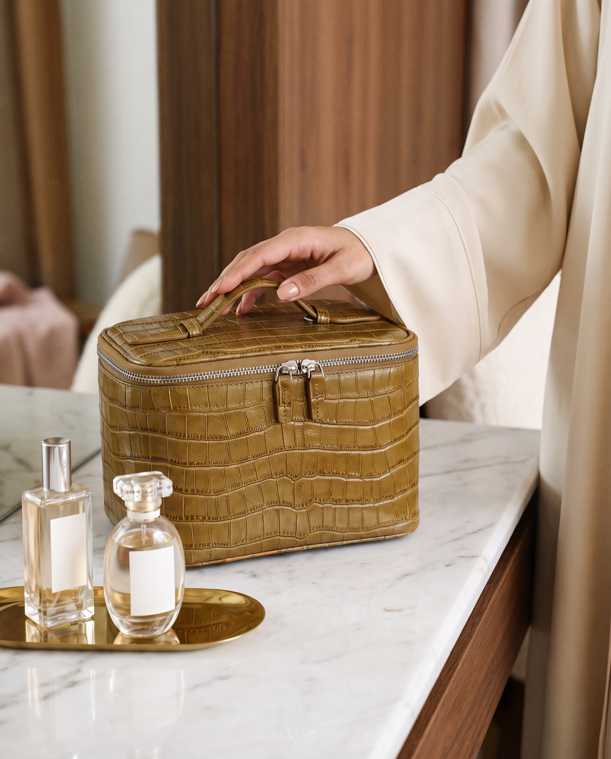 The Amira Vanity — Ochre, on a dressing table · Elirati
