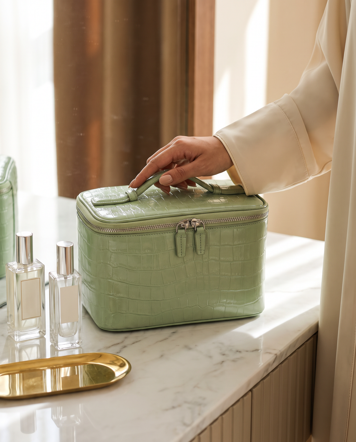 The Amira Vanity — Pistachio, on a dressing table · Elirati