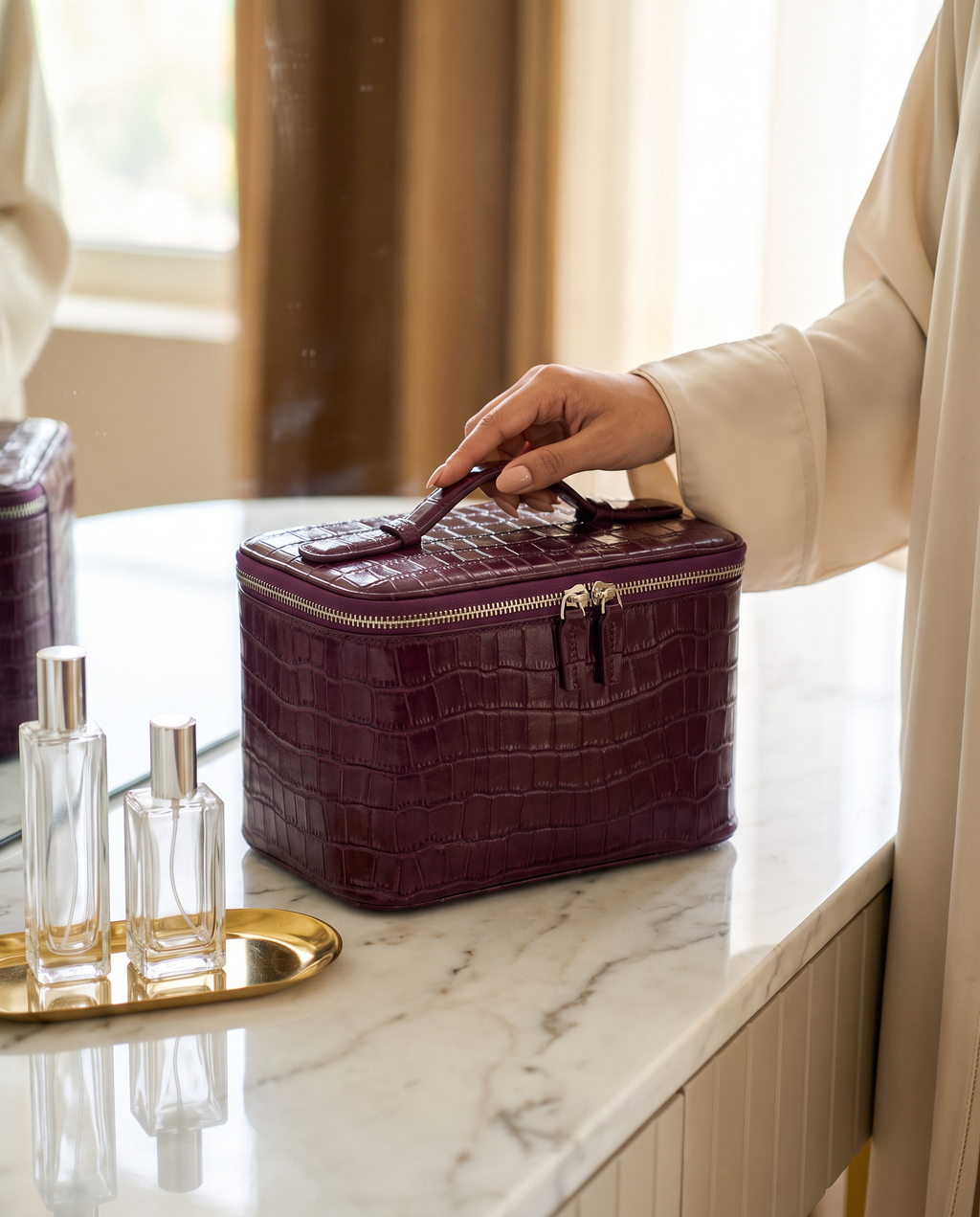 The Amira Vanity — Plum, on a dressing table · Elirati