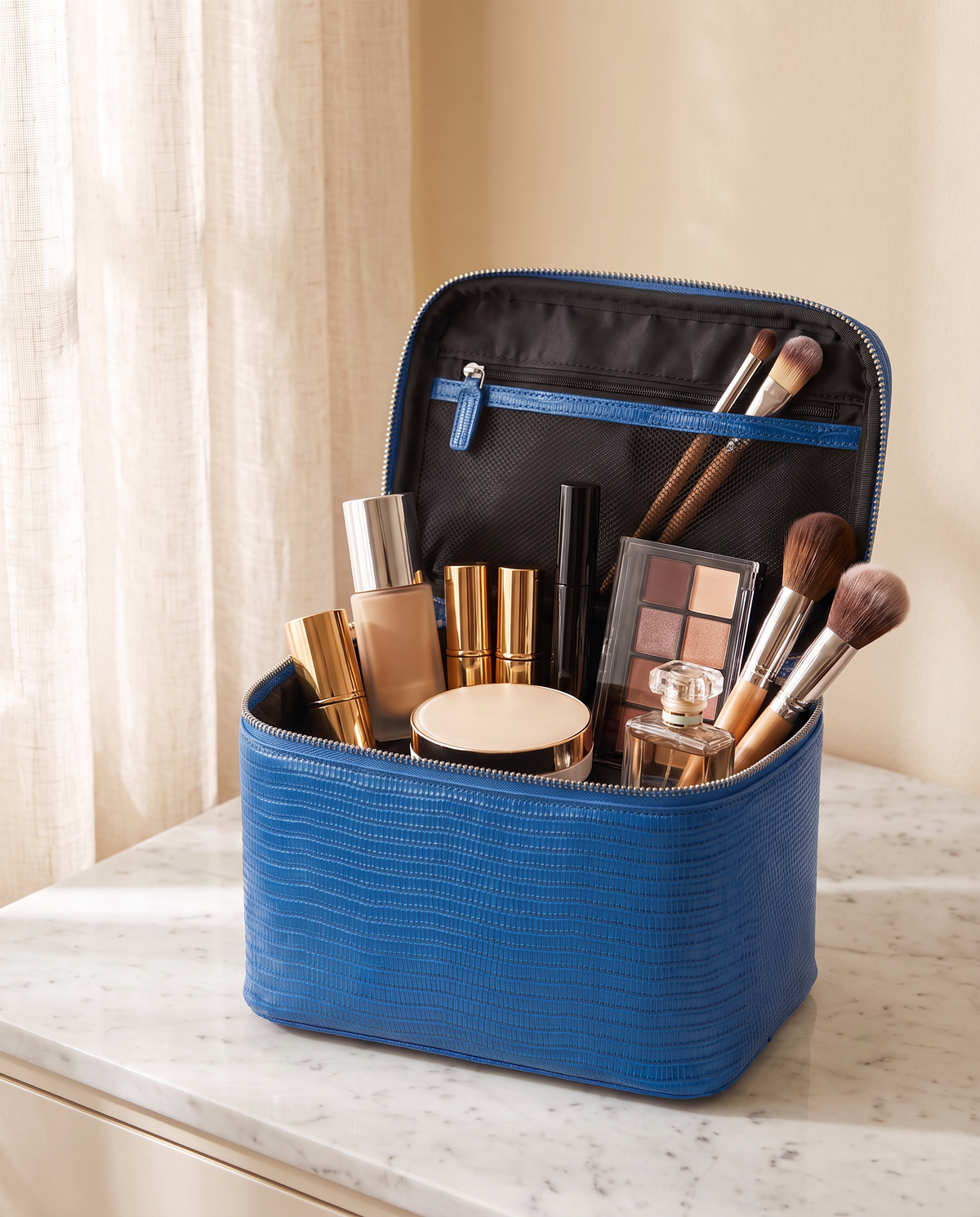 The Amira Vanity — Klein Blue, open with makeup inside · Elirati