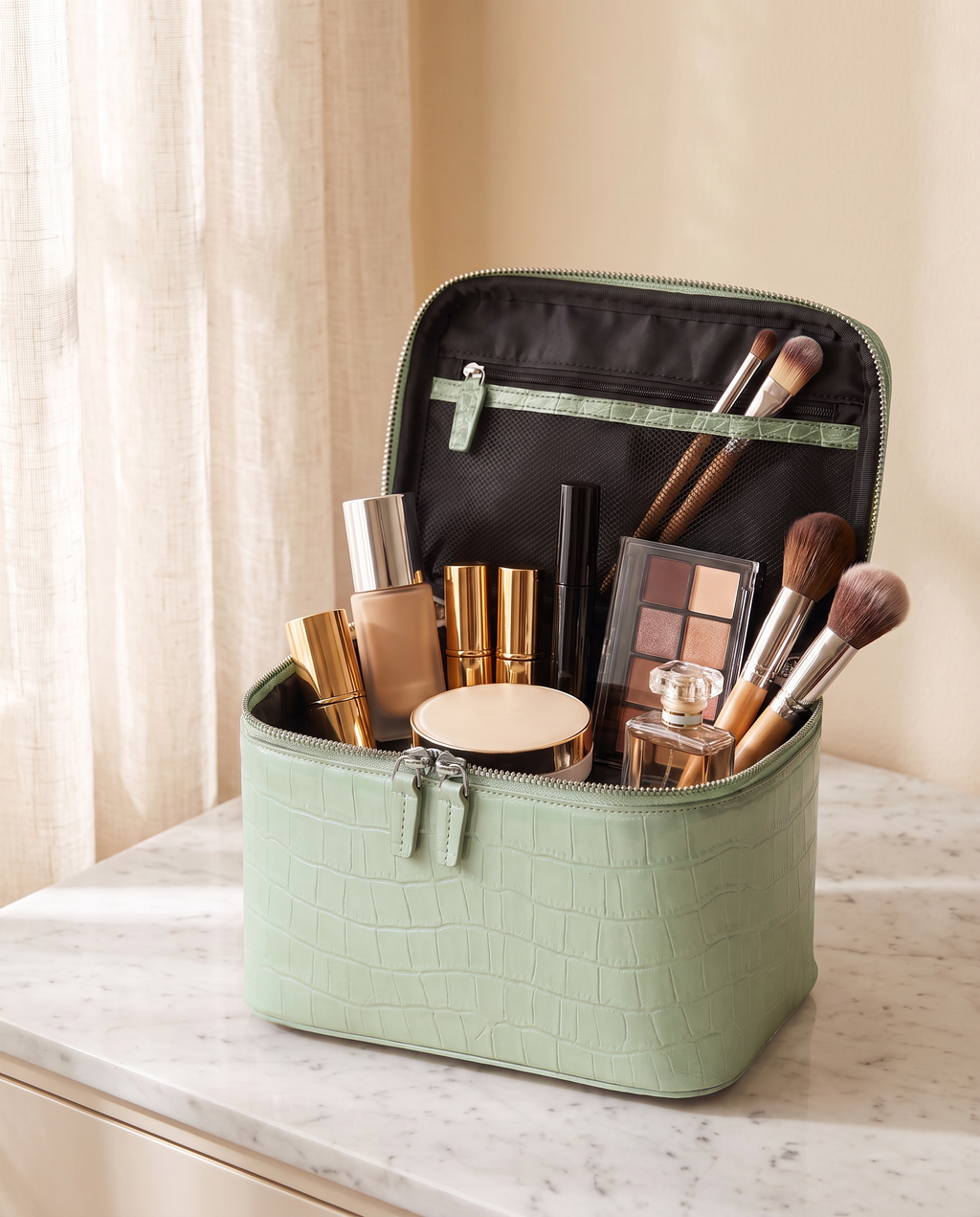 The Amira Vanity — Pistachio, open with makeup inside · Elirati