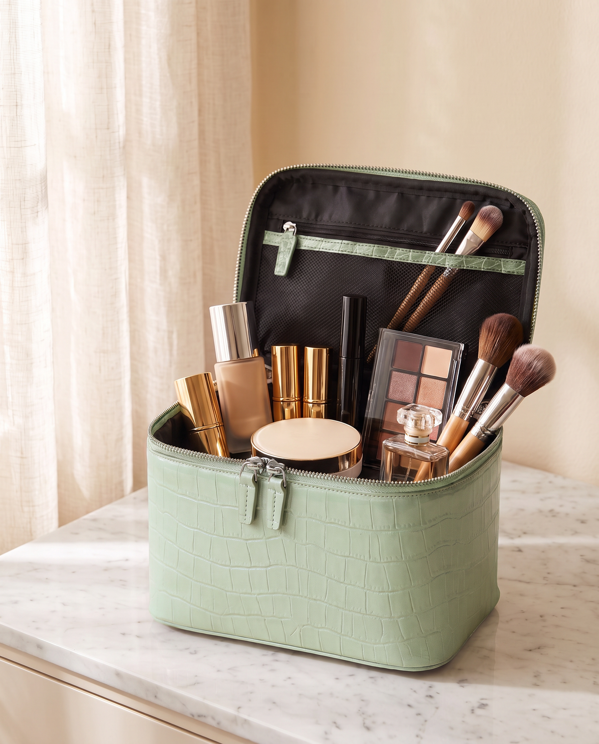 The Amira Vanity — Pistachio, open with makeup inside · Elirati