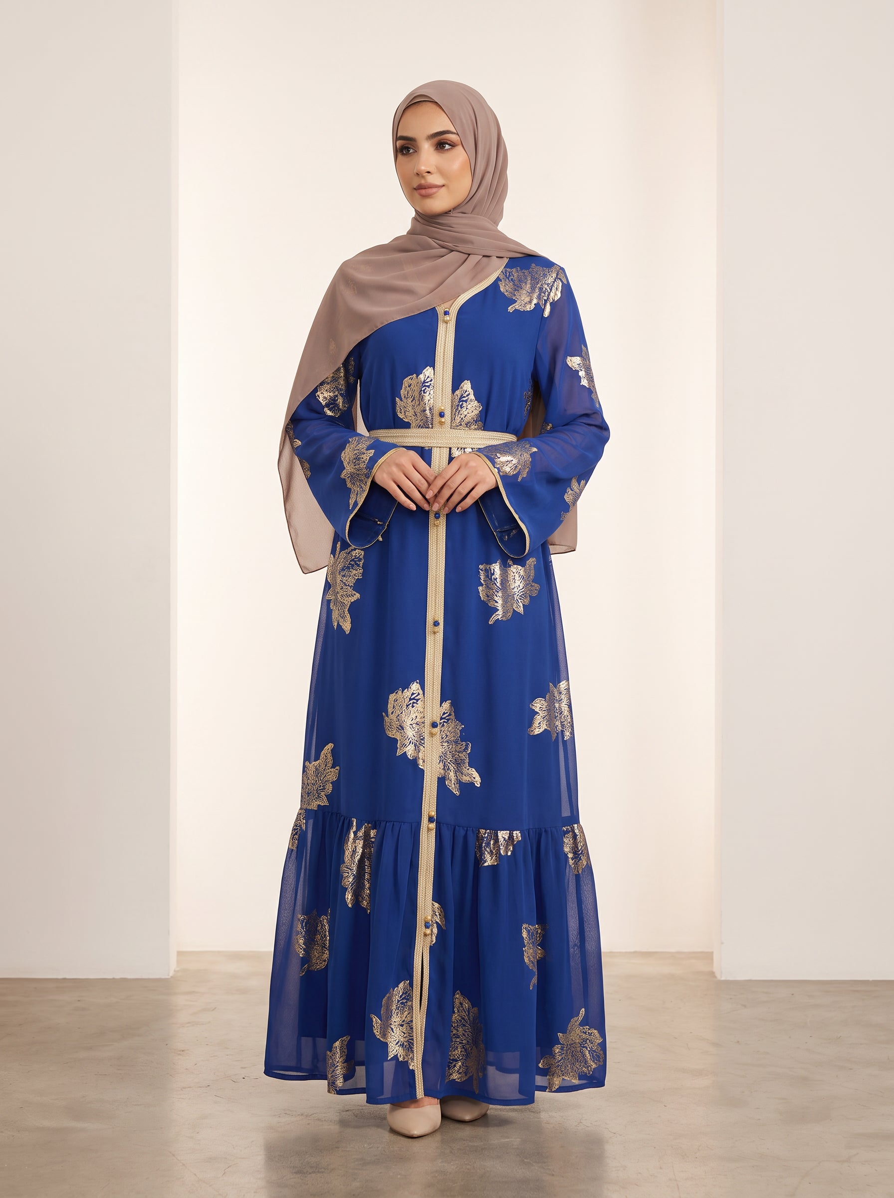 Gilded Chiffon Open Abaya — Taupe 2 — 1