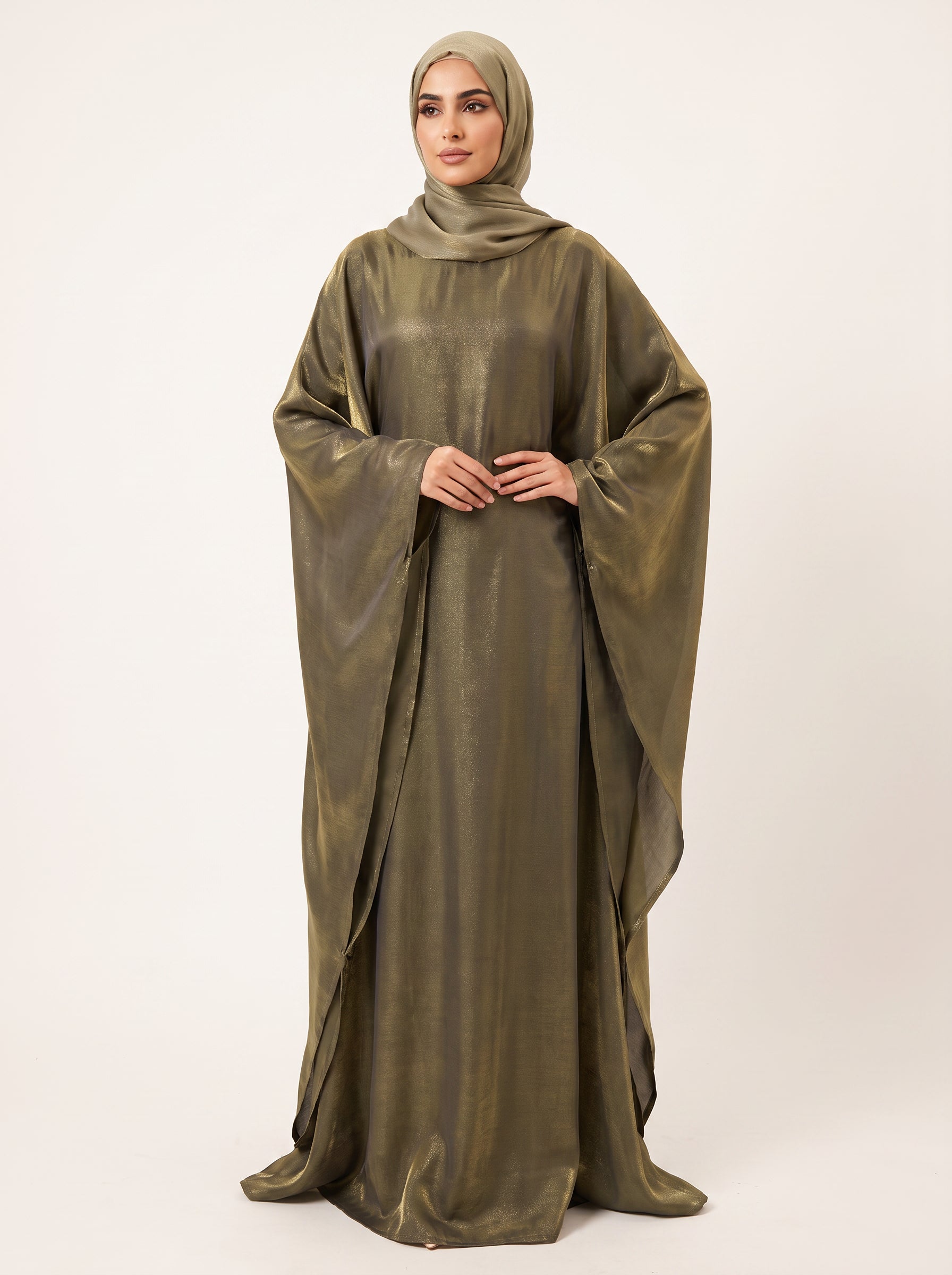 Glitter Butterfly Abaya — Olive — 1