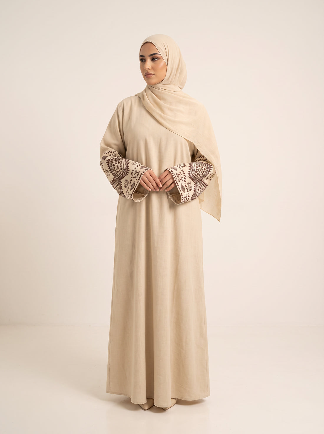 Pleated Drawstring Abaya — Beige — 1