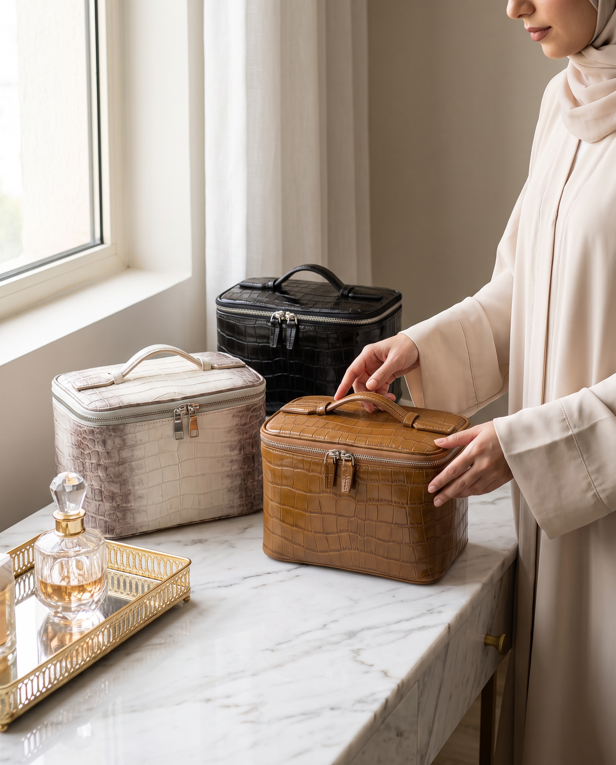 Three Amira vanity cases on a marble dressing table