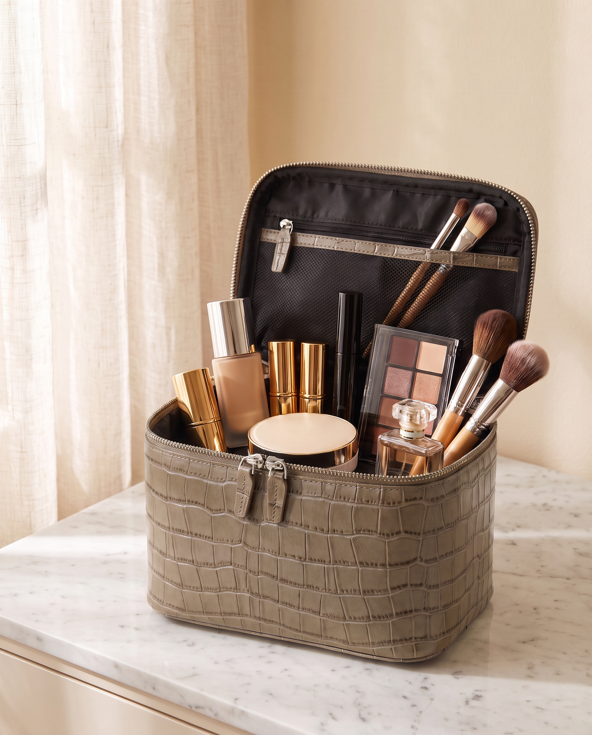 The Amira Vanity — Elephant Grey, open with makeup inside · Elirati