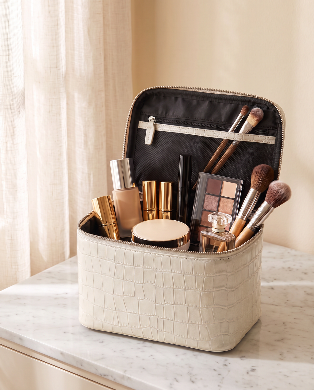 The Amira Vanity — Pearl White, open with makeup inside · Elirati