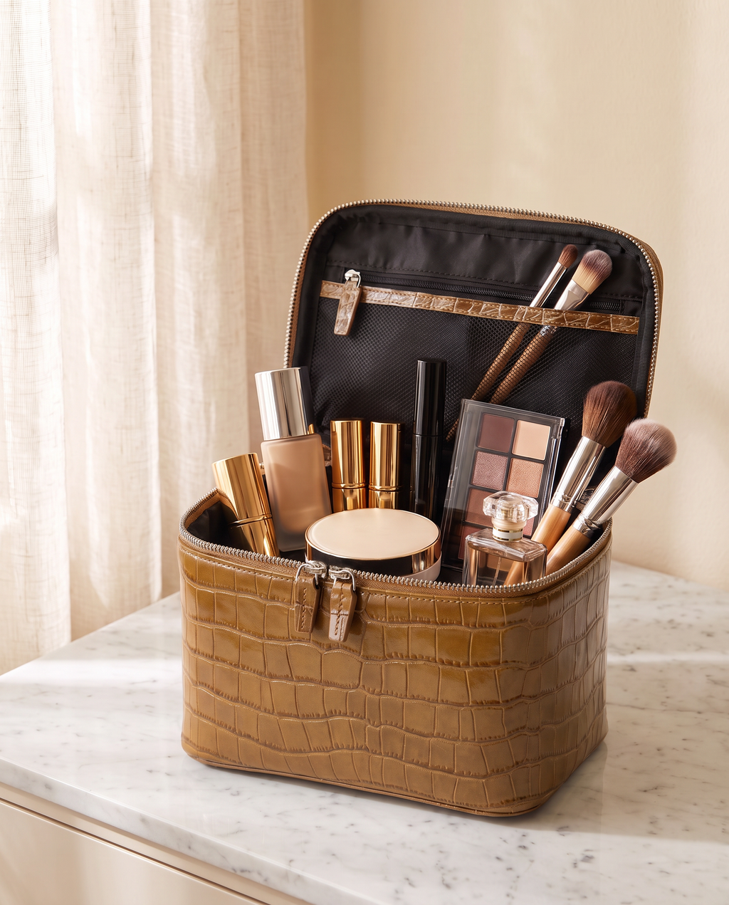 The Amira Vanity — Caramel, open with makeup inside · Elirati