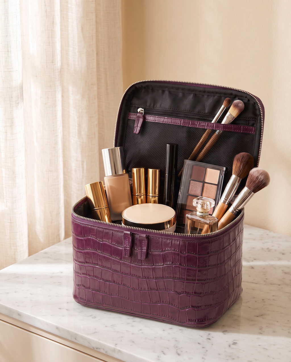 The Amira Vanity — Plum, open with makeup inside · Elirati