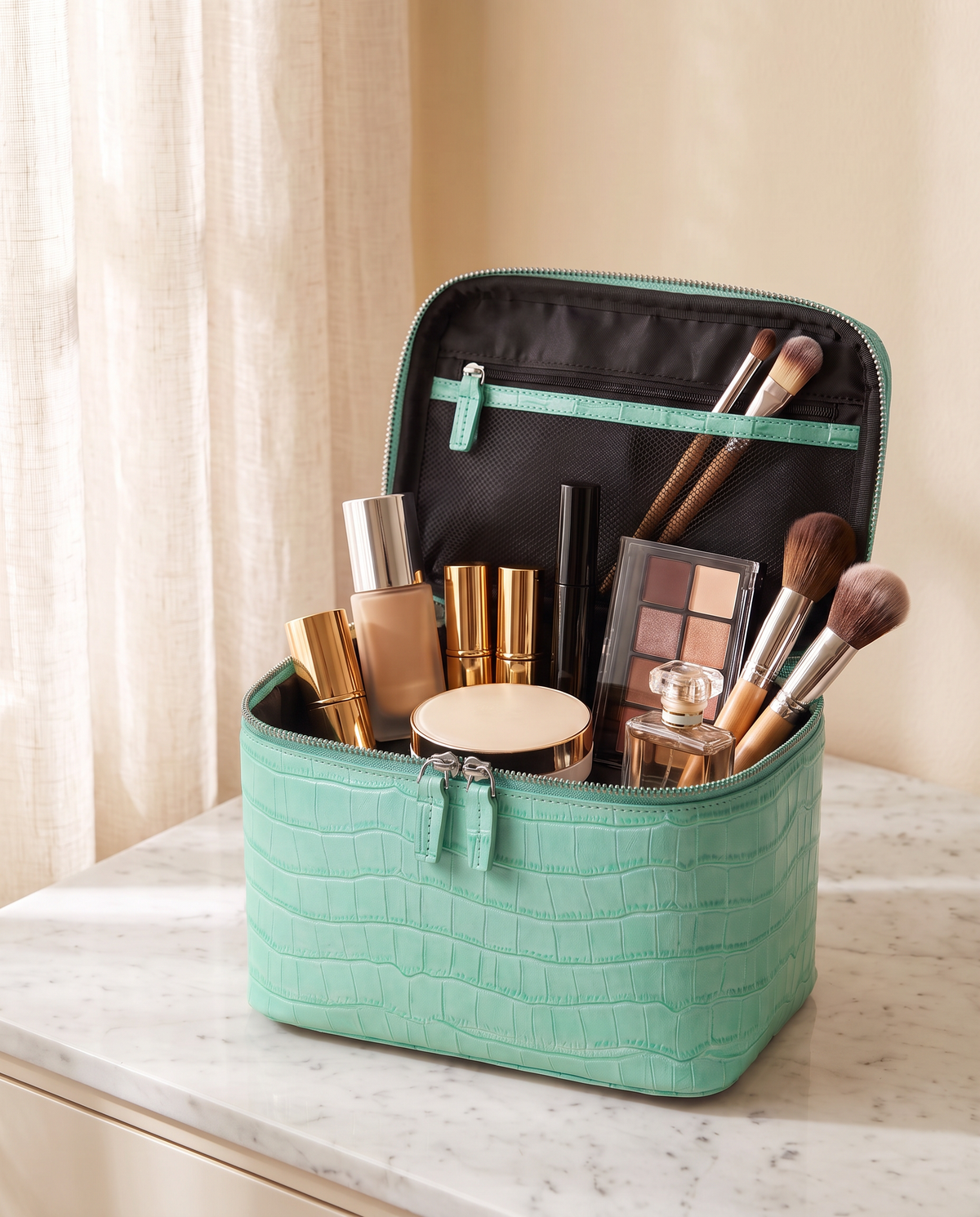 The Amira Vanity — Mint, open with makeup inside · Elirati