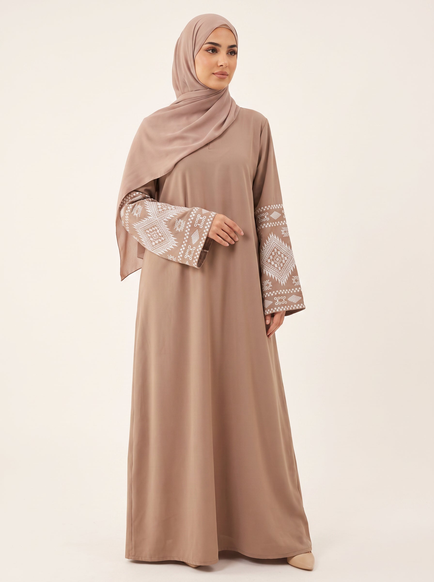 Pleated Drawstring Abaya — Taupe 2 — 1