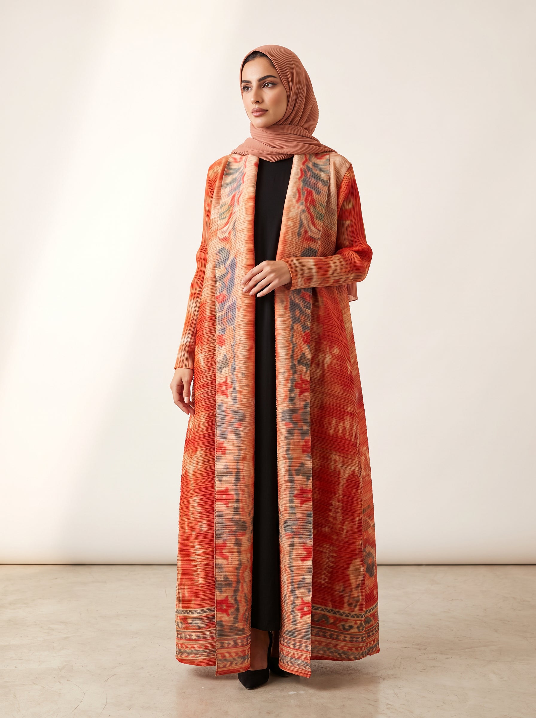 Miyake Open Abaya — Terracotta Ikat — 1