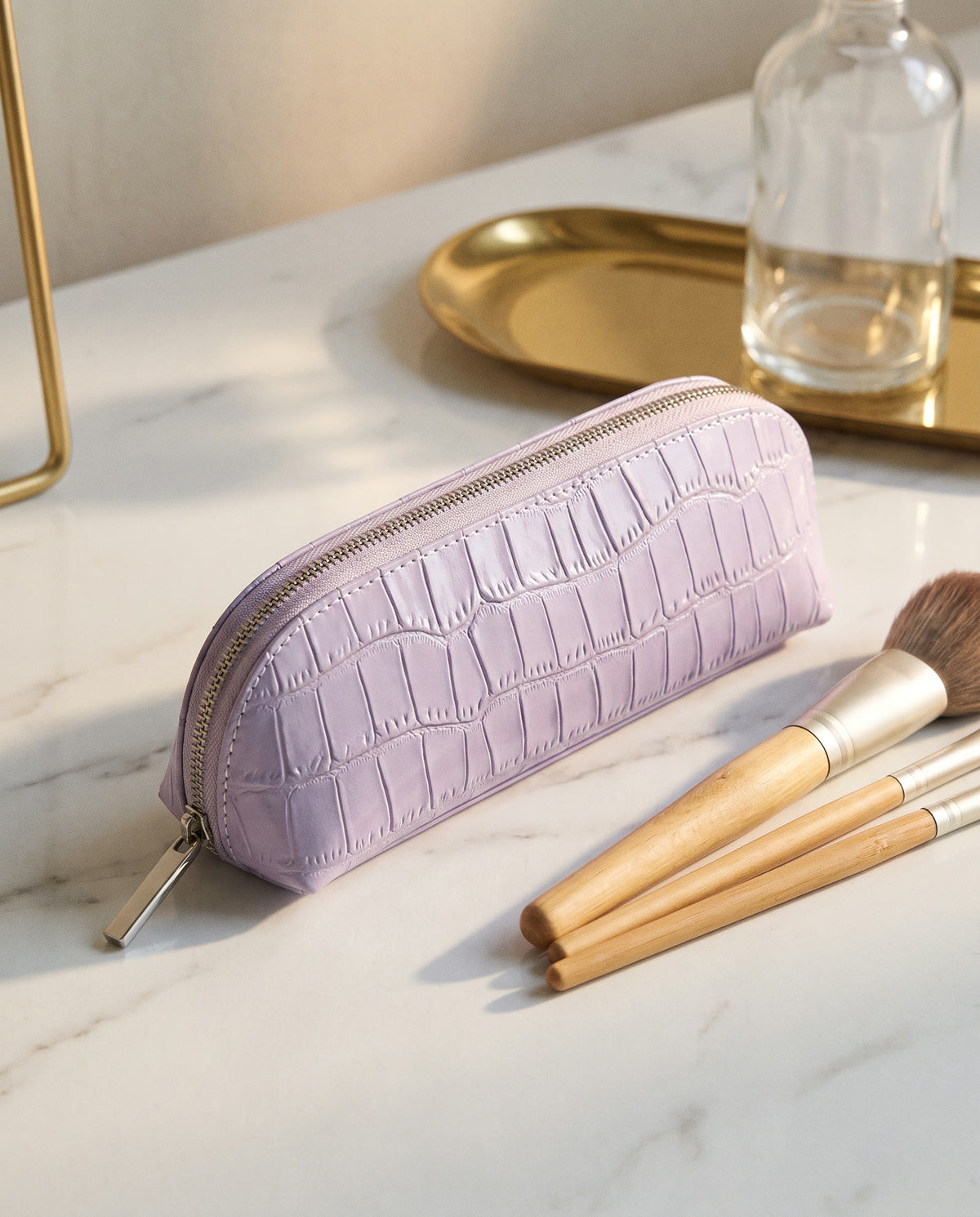 The Amira Brush Case — Lavender — on the dressing table [v2]
