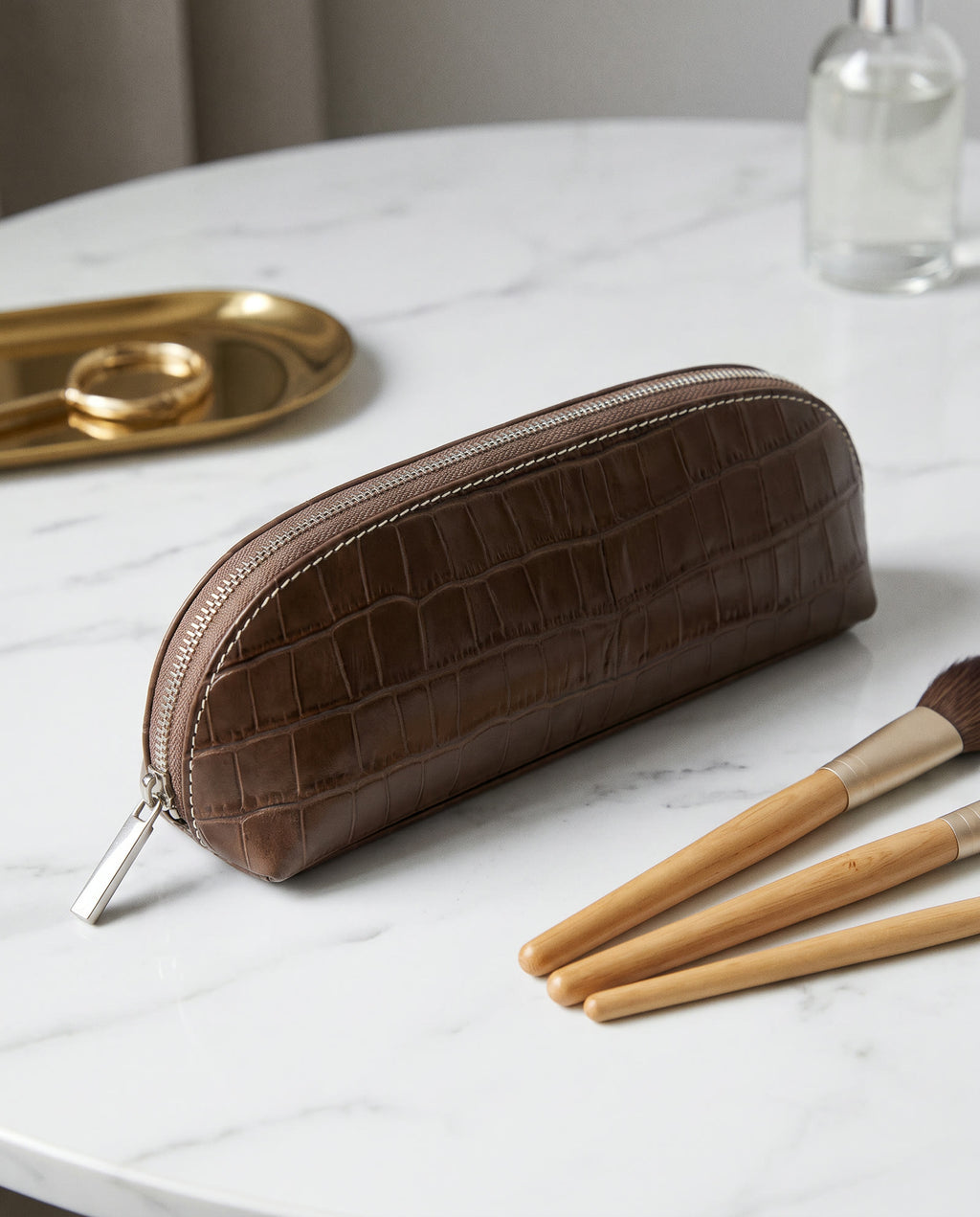 The Amira Brush Case — Mocha — on the dressing table [v2]